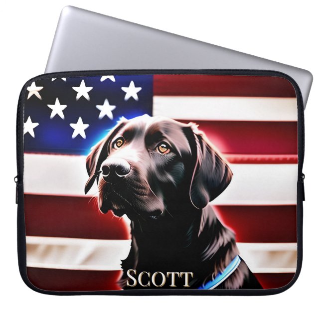 Chocolate Lab Dog with American Flag Rustic Laptop Sleeve (Front)