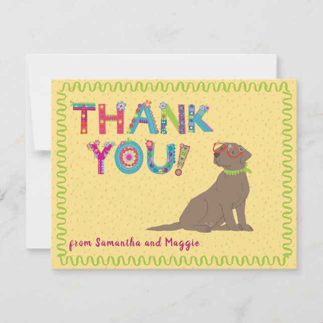 Chocolate Lab Fun Colourful Floral Letters       Thank You Card (Front)