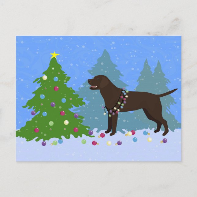 Chocolate Lab in Forest Decorating Christmas Tree Holiday Postcard (Front)