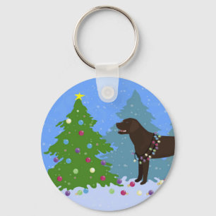 Chocolate Lab in Forest Decorating Christmas Tree Key Ring