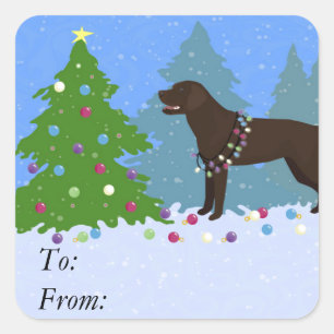 Chocolate Lab in Forest Decorating Christmas Tree Square Sticker