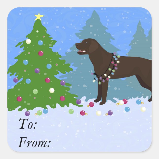 Chocolate Lab in Forest Decorating Christmas Tree Square Sticker (Front)