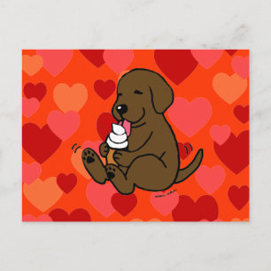 Chocolate Lab Licking Ice Cream with Hearts Postcard
