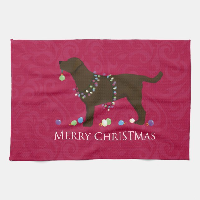 Chocolate Lab Merry Christmas Design Tea Towel (Horizontal)