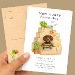 Chocolate Lab New House Moving Announcement Postcard<br><div class="desc">Share your exciting news with this adorable Chocolate Labrador Retriever moving announcement card featuring a happy chocolate lab puppy sitting in a stack of moving boxes holding a “We’ve Moved” sign. The warm watercolor illustration and cozy moving details make this design perfect for dog lovers announcing their new home. Personalize...</div>