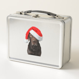 Chocolate Lab Picture Santa Hat Cute Dog Christmas Metal Lunch Box