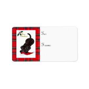 Chocolate Lab Puppy Christmas Gift Label Tartan