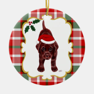 Chocolate Lab Puppy with Santa Hat 2 Ceramic Tree Decoration
