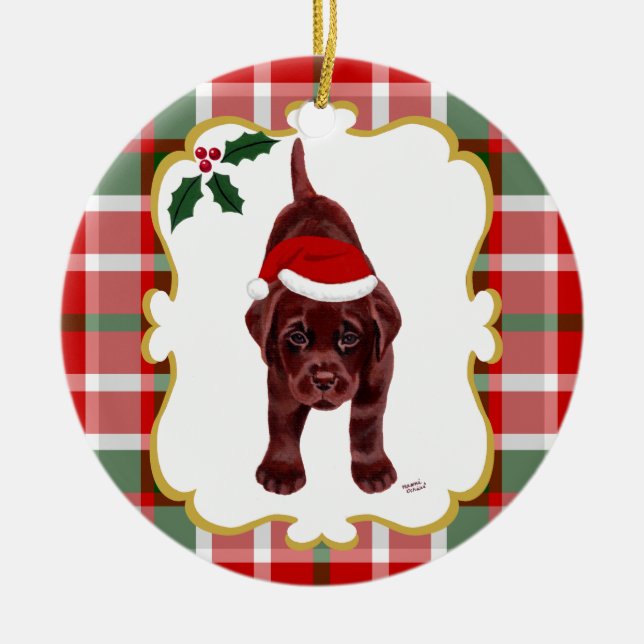 Chocolate Lab Puppy with Santa Hat 2 Ceramic Tree Decoration (Front)