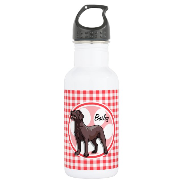 Chocolate Lab; Red and White Gingham 532 Ml Water Bottle (Front)