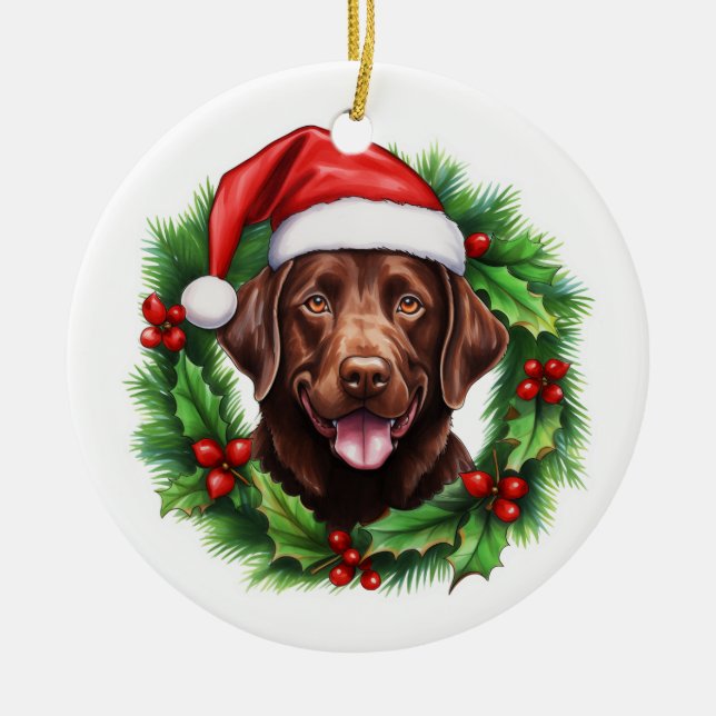 Chocolate Lab Retriever Christmas Wreath Ceramic Tree Decoration (Front)