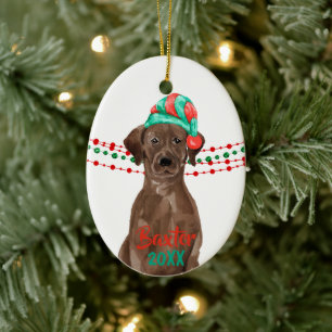 Chocolate Lab Santa Hat Holiday String Beads Ceramic Tree Decoration