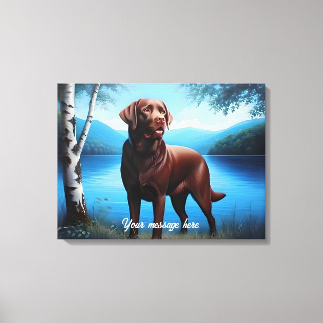 Chocolate Labrador and Blue Lake Canvas Print (Front)