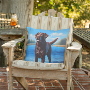 Chocolate Labrador and Blue Lake Cushion