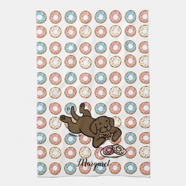 Chocolate Labrador and Doughnuts Tea Towel (Vertical)