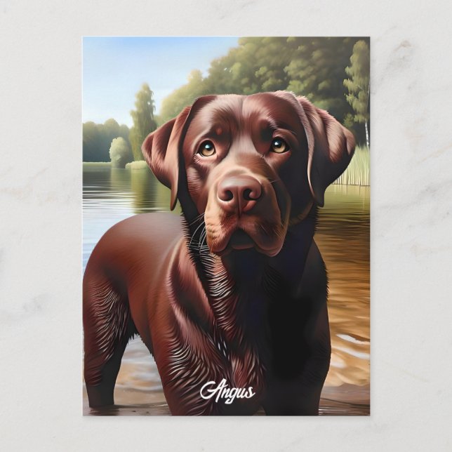 Chocolate Labrador and Lake Postcard (Front)