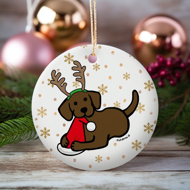 Chocolate Labrador and Santa Christmas Cartoon Ceramic Tree Decoration (Chocolate Labrador Santa Christmas Ornament for Labrador Owners.  Personalized gift idea.)