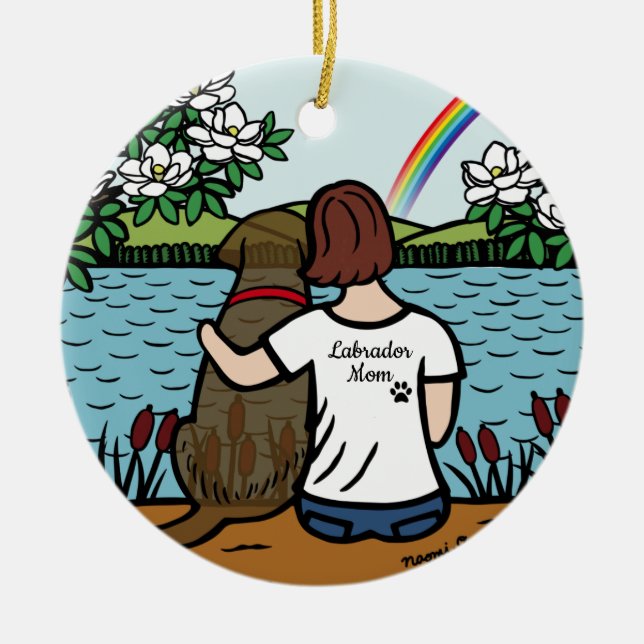 Chocolate Labrador Angel and Mum Brown Ceramic Tree Decoration (Front)