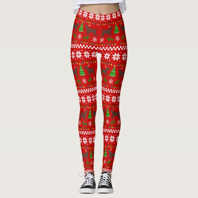 Chocolate Labrador Antlers Ugly Christmas Pattern Leggings (Front)