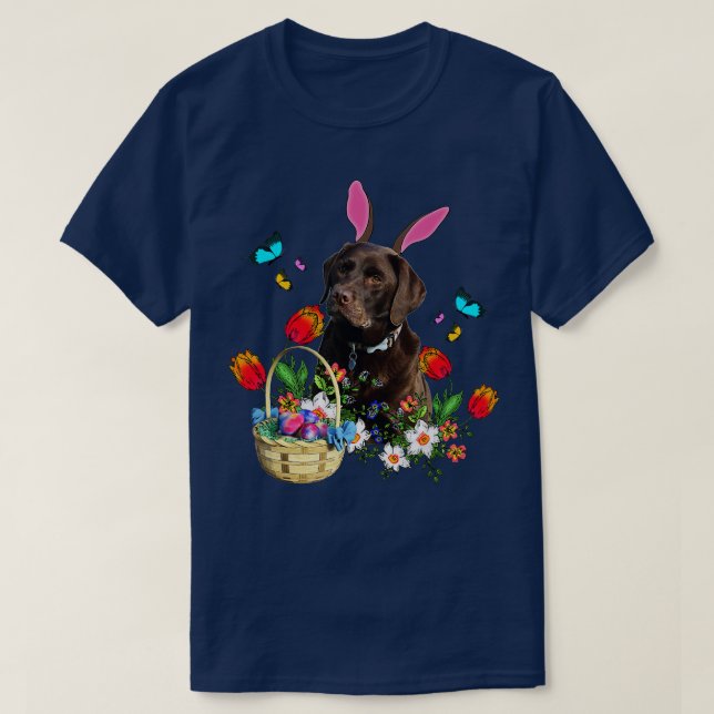 Chocolate Labrador Bunny Dog With Easter Eggs Bask T-Shirt (Design Front)
