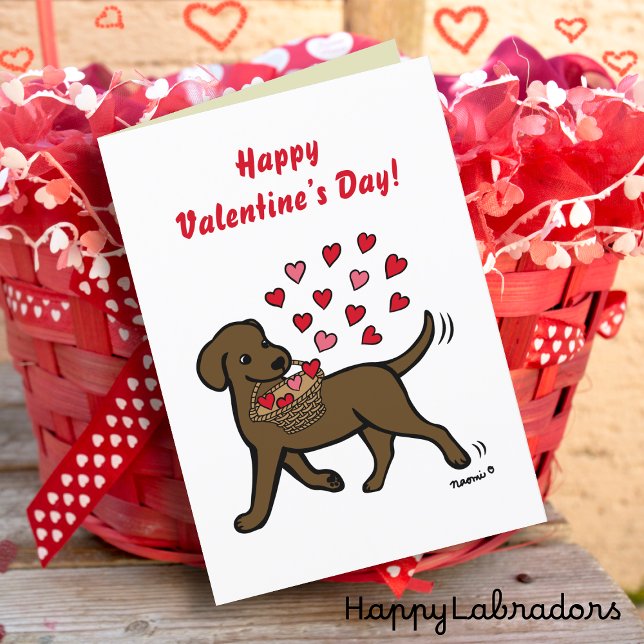 Chocolate Labrador Carrying Hearts Valentine Holiday Card (Chocolate Labrador Carrying Hearts Valentine Card for Labrador Owners.  Cute Cartoon Design.)