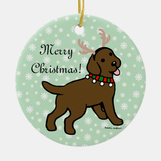 Chocolate Labrador Christmas Antlers Ceramic Tree Decoration (Front)