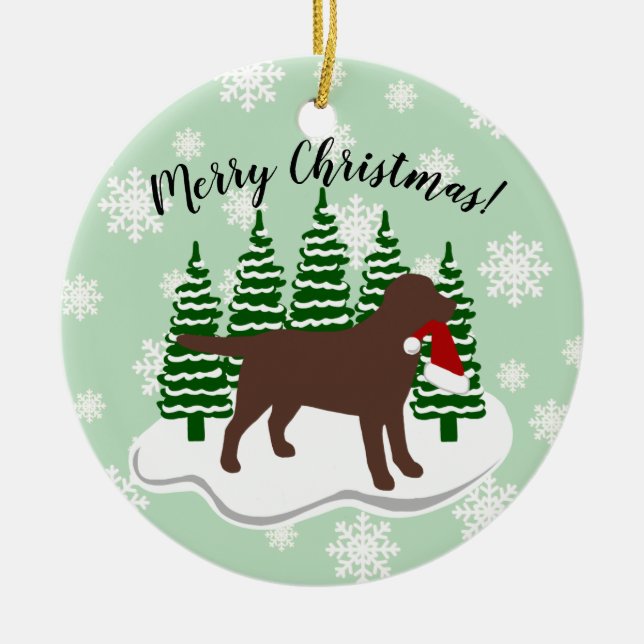 Chocolate Labrador Christmas Evergreen Snowflakes Ceramic Tree Decoration (Front)