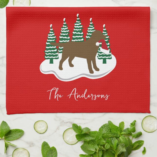 Chocolate Labrador Christmas Evergreen Trees Tea Towel (Folded)