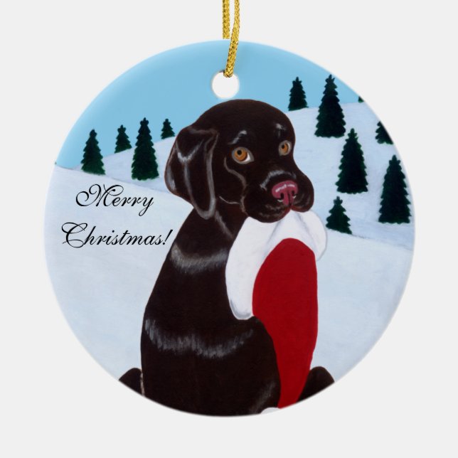 Chocolate Labrador Christmas Santa Hat Ceramic Tree Decoration (Front)