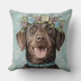 Chocolate Labrador Dog Blue Floral Cushion