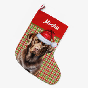 Chocolate Labrador Dog Holiday Plaid Personalized Large Christmas Stocking