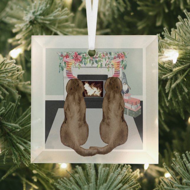 Chocolate Labrador Dogs Christmas Fireplace Scene Glass Tree Decoration (Insitu)