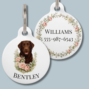 Chocolate Labrador Floral Portrait Pet Tag