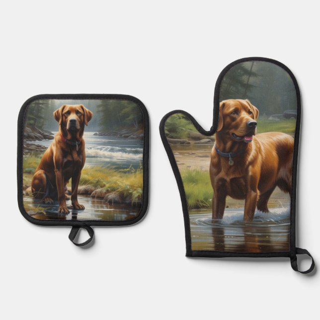 Chocolate Labrador Oven Mitt & Pot Holder Set (Front)