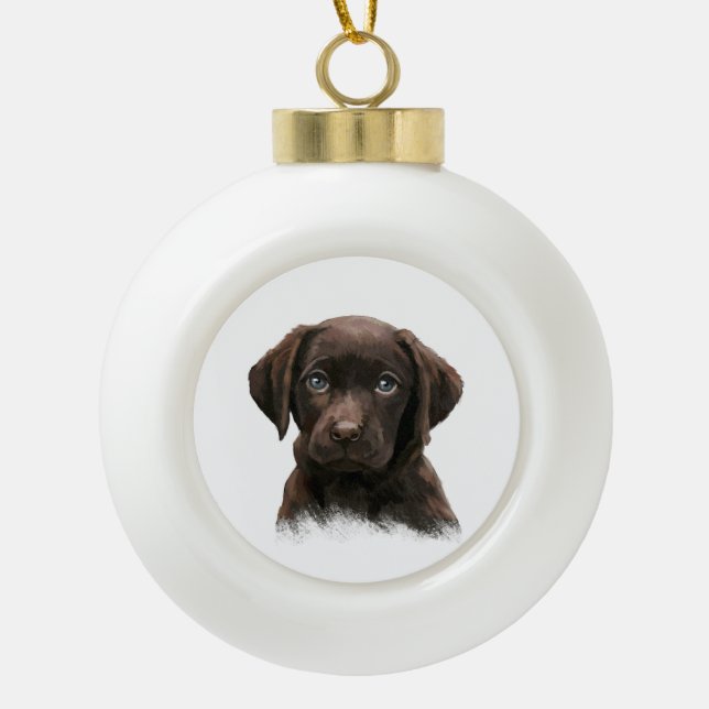 Chocolate Labrador Puppy Ceramic Ball Christmas Ornament (Front)