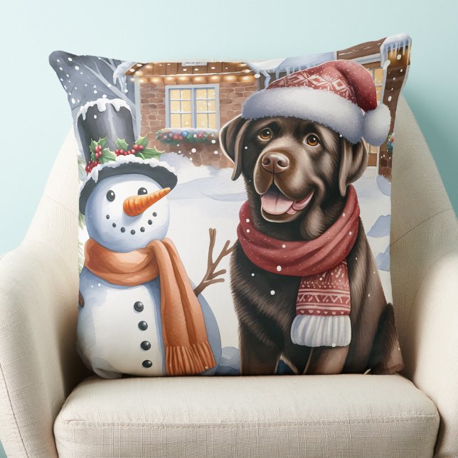 Chocolate Labrador Puppy Dog Snowman Christmas Cushion (Creator Uploaded)