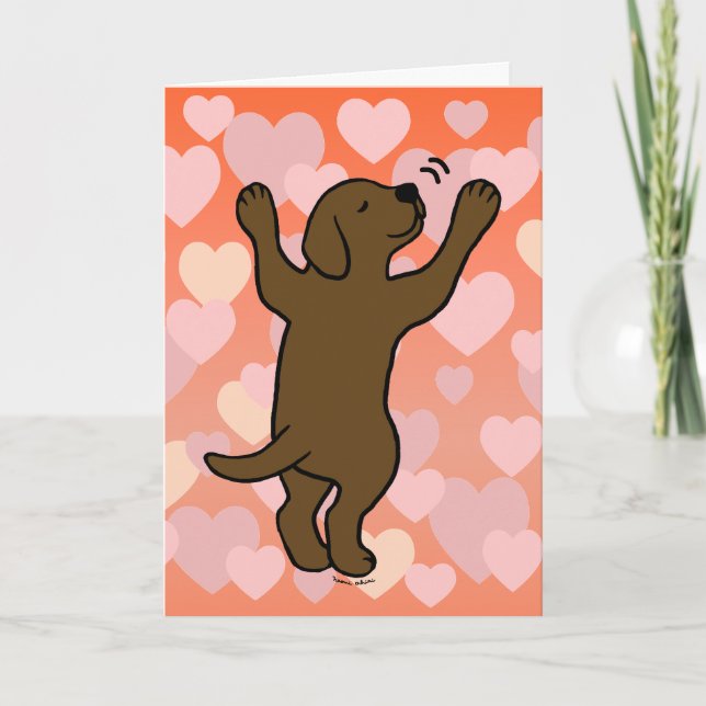 Chocolate Labrador Puppy Hug Cartoon Hearts Card (Front)