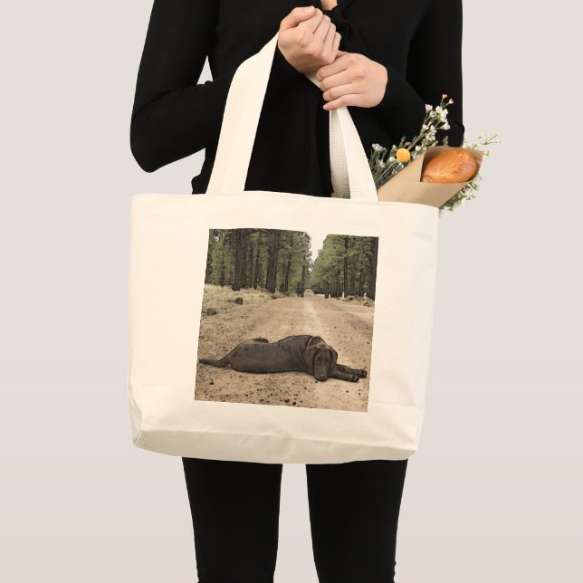 Chocolate Labrador Puppy Lying On A Forest Trail Large Tote Bag (Front (Product))