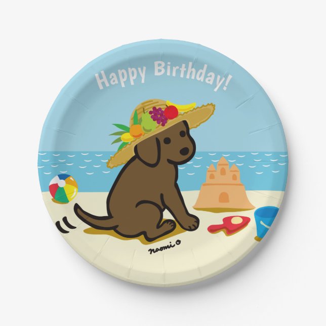 Chocolate Labrador Puppy Straw Hat Birthday Paper Plate (Front)