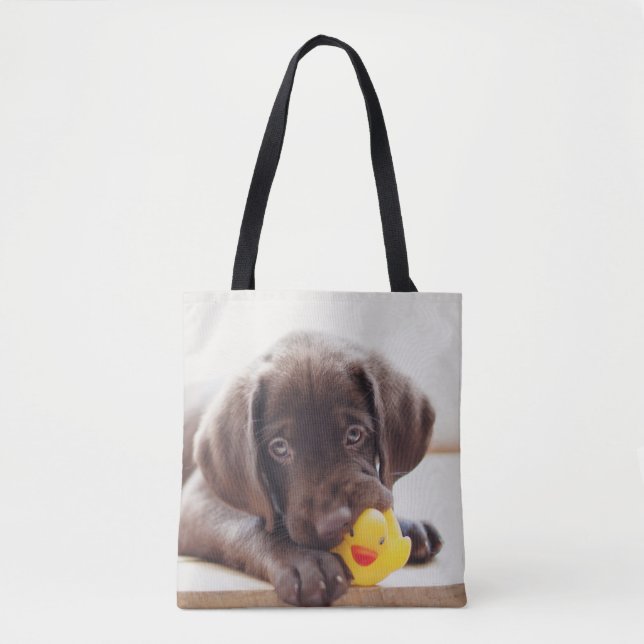 Chocolate Labrador Puppy With Toy Duck Tote Bag (Front)
