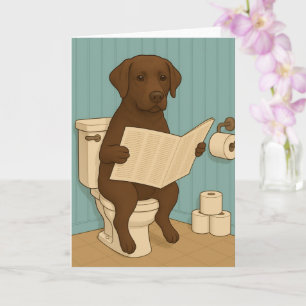 Chocolate Labrador Reading Newspaper on Toilet Card
