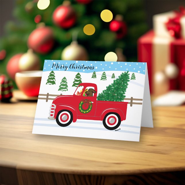 Chocolate Labrador Red Truck Christmas Holiday Card (Chocolate Labrador and Vintage Red Truck Design Christmas Cards for Chocolate Labrador Owners. )