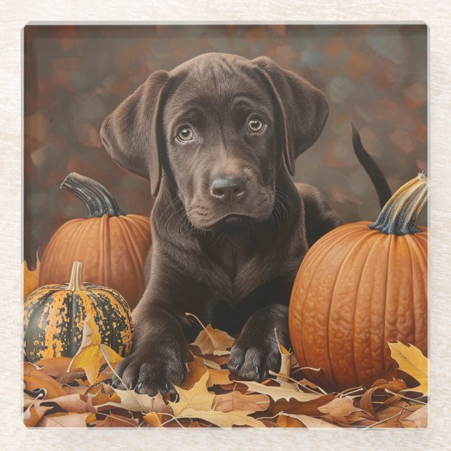 Chocolate Labrador Retriever Autumn Glass Coaster (Front)