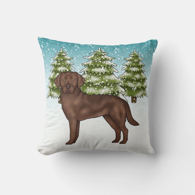 Chocolate Labrador Retriever Blue Winter Christmas Cushion (Front)