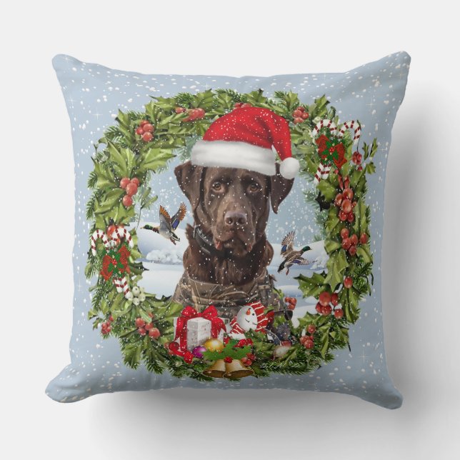 Chocolate Labrador Retriever,  Christmas wreath  Cushion (Front)