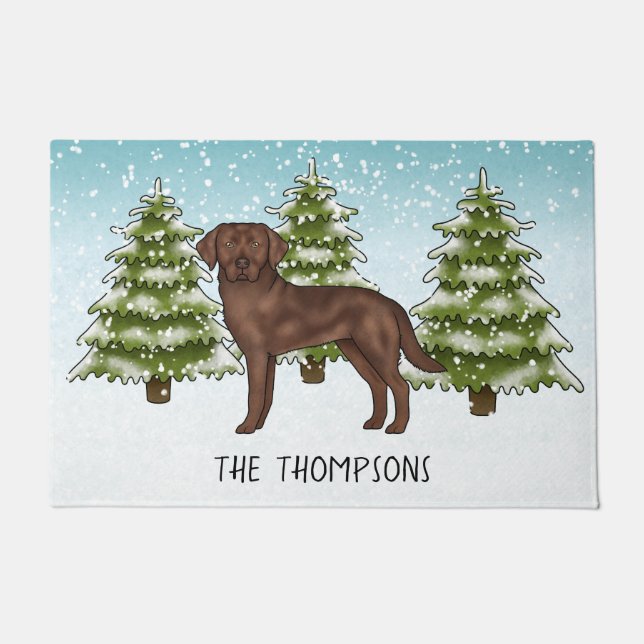 Chocolate Labrador Retriever Custom Blue Christmas Doormat (Front)