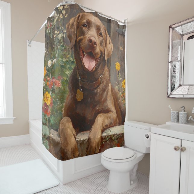 Chocolate Labrador Retriever Dog Garden Shower Curtain (In Situ)