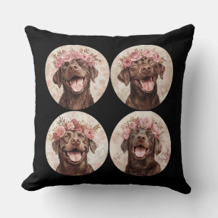 Chocolate Labrador Retriever Dog Pink Floral Cushion