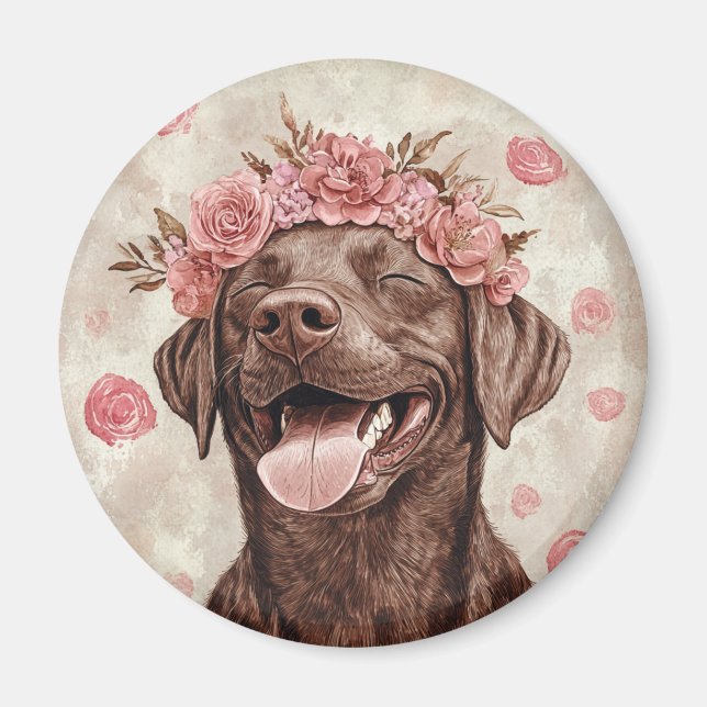 Chocolate Labrador Retriever Dog Pink Floral Magnet (Front)