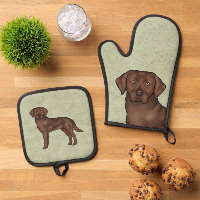Chocolate Labrador Retriever Lab Dog Art Green Oven Mitt & Pot Holder Set (Top Down)
